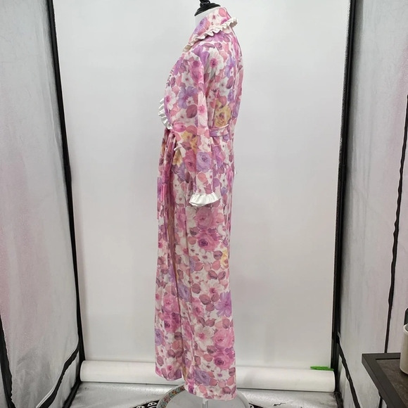 Vintage Loungees Robe Womens Sz Medium Pink Purple Floral 3/4 Sleeve Ruffle Trim - Picture 4 of 10